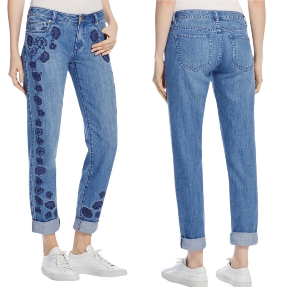 MICHAEL KORS Dillon Jeans Embroidered Floral Boho Blue Denim Navy Antique Wash 4